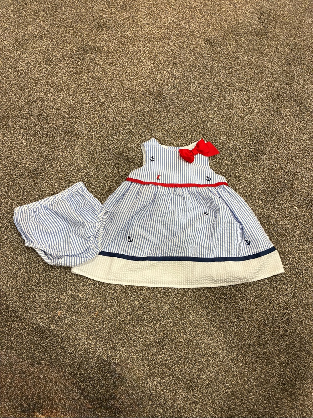 Rare Editions Blue & White Striped Baby Dress with Red Accent